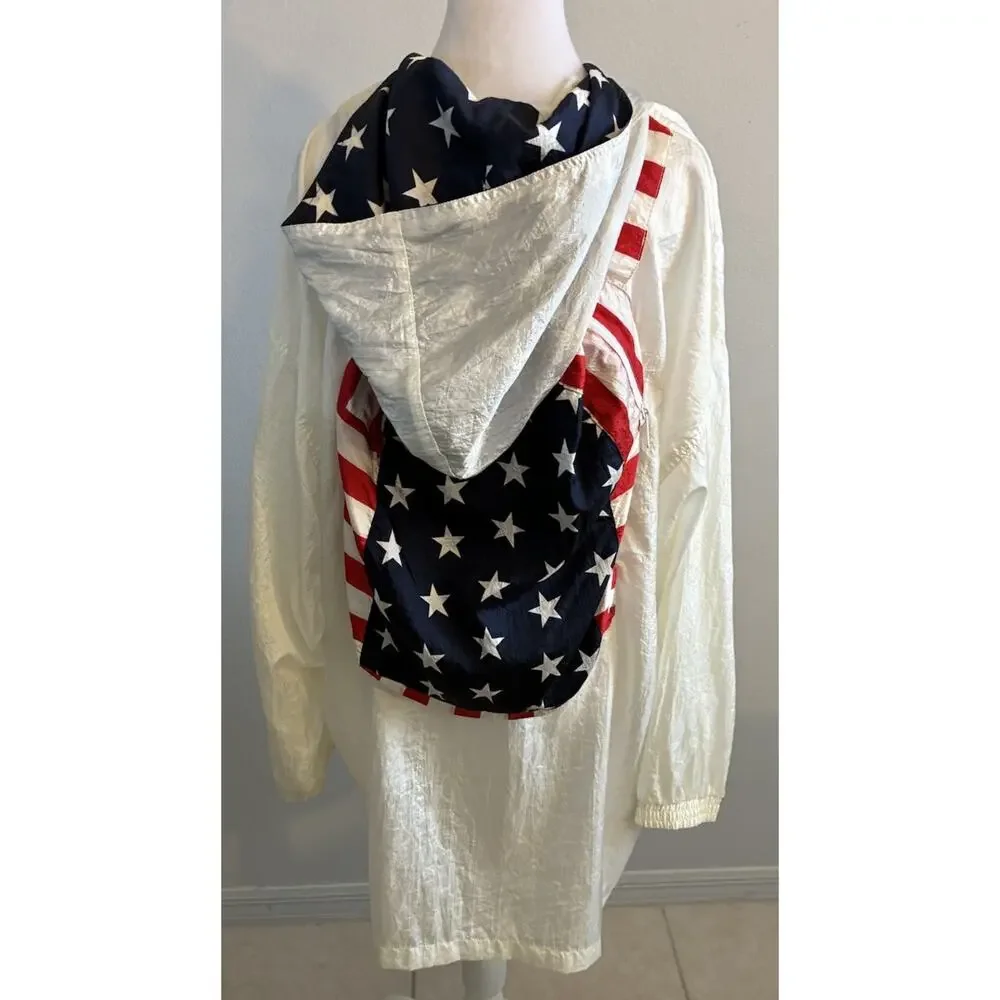 VTG 80s USA Flag Jacket Converts To Backpack Parachute Americana Stars Stripes L